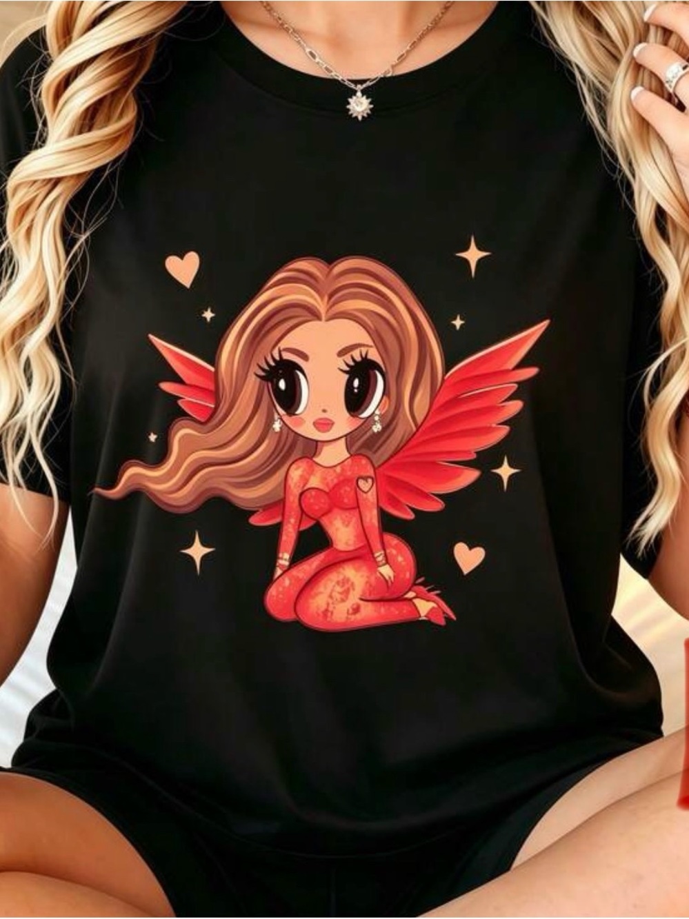 Black Women's Graphic Tee with Red Angel Girl Print